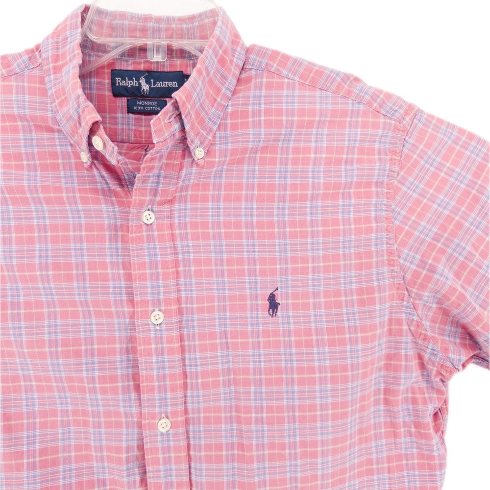 Vintage Polo Ralph Lauren Mens M Monroe Short Sleeve Shirt Pink Plaid Button